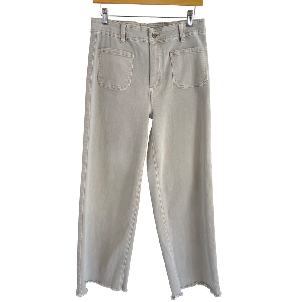 OAT New York Wide Leg Crop Jeans Raw Hem Beige Neutral Denim Sz 12/31 Minimalist